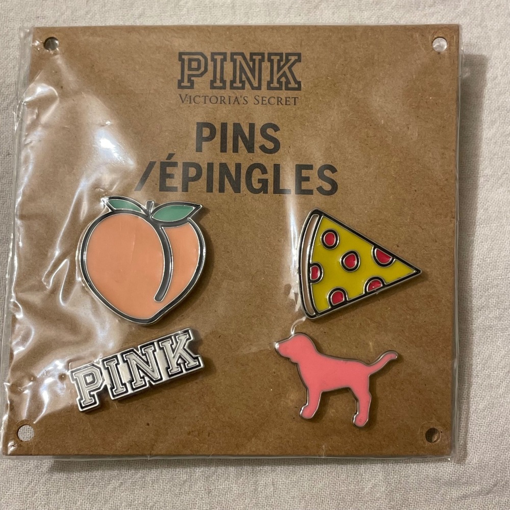 PINK Victoria's Secret Pins Peach Pizza‎ Dog Logo Brooch Lapel Enamel Set New
